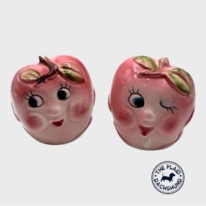 Vintage Anthropomorphic Pink Apple Salt and Pepper Shakers